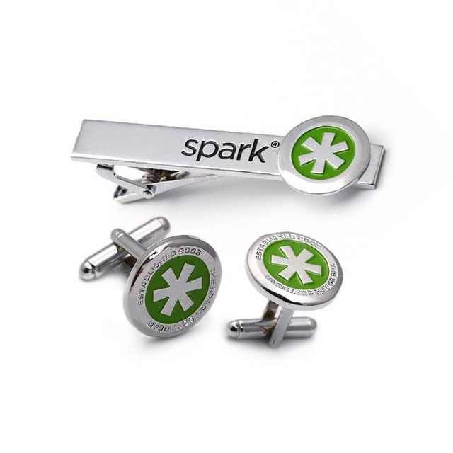 Customised Mens Silver Double Cufflink Tie Clip Set 