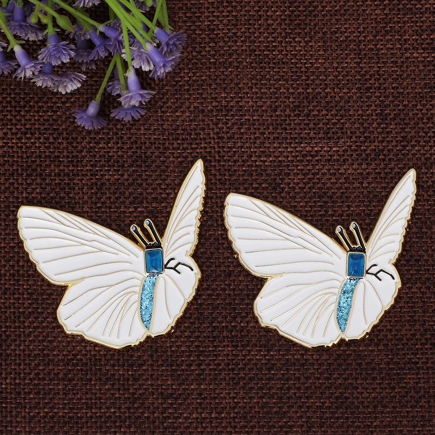White Butterfly Lapel Pin with Blue Cystal Stone Diamond 