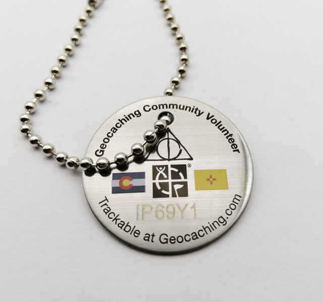 Geocaching Metal Trackable Token Tag with Hole & Ball Chain 