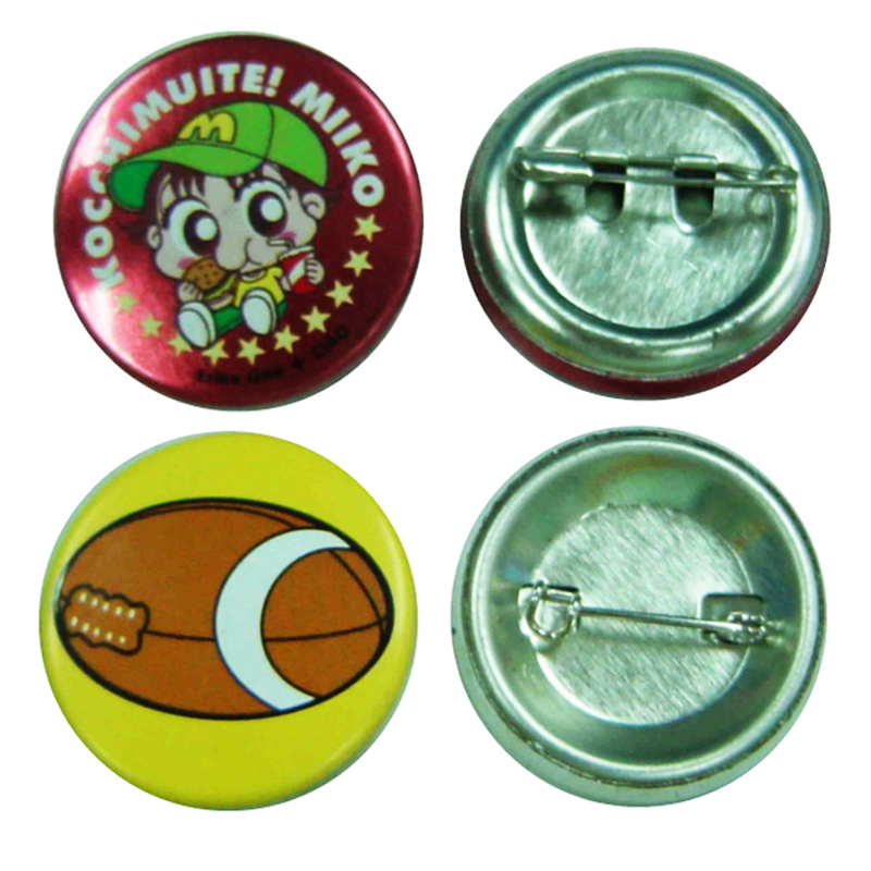 metal tin button badge with safety pin 