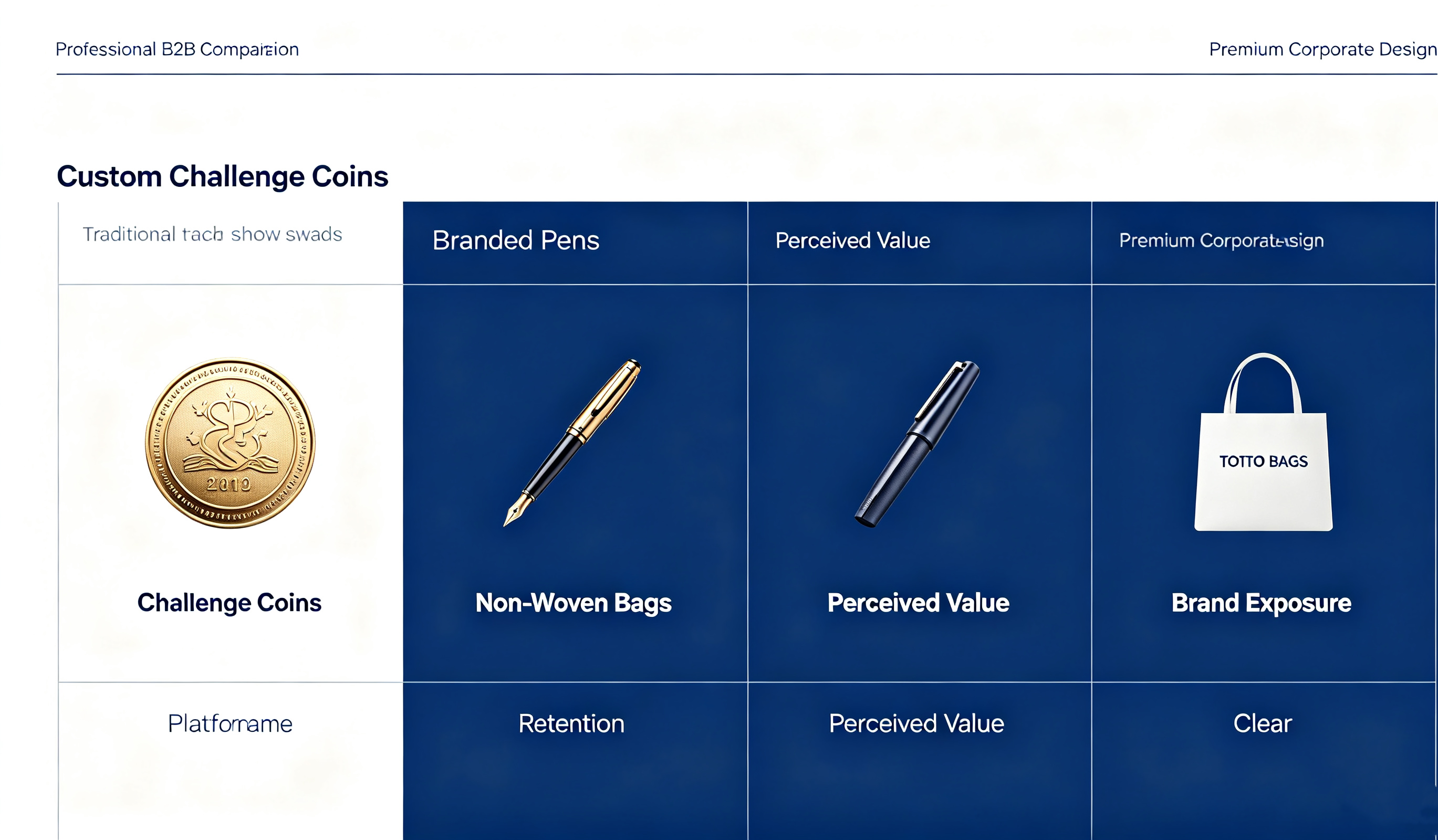 Comparison of custom challenge coins versus branded pens and non-woven tote bags as trade show giveaways