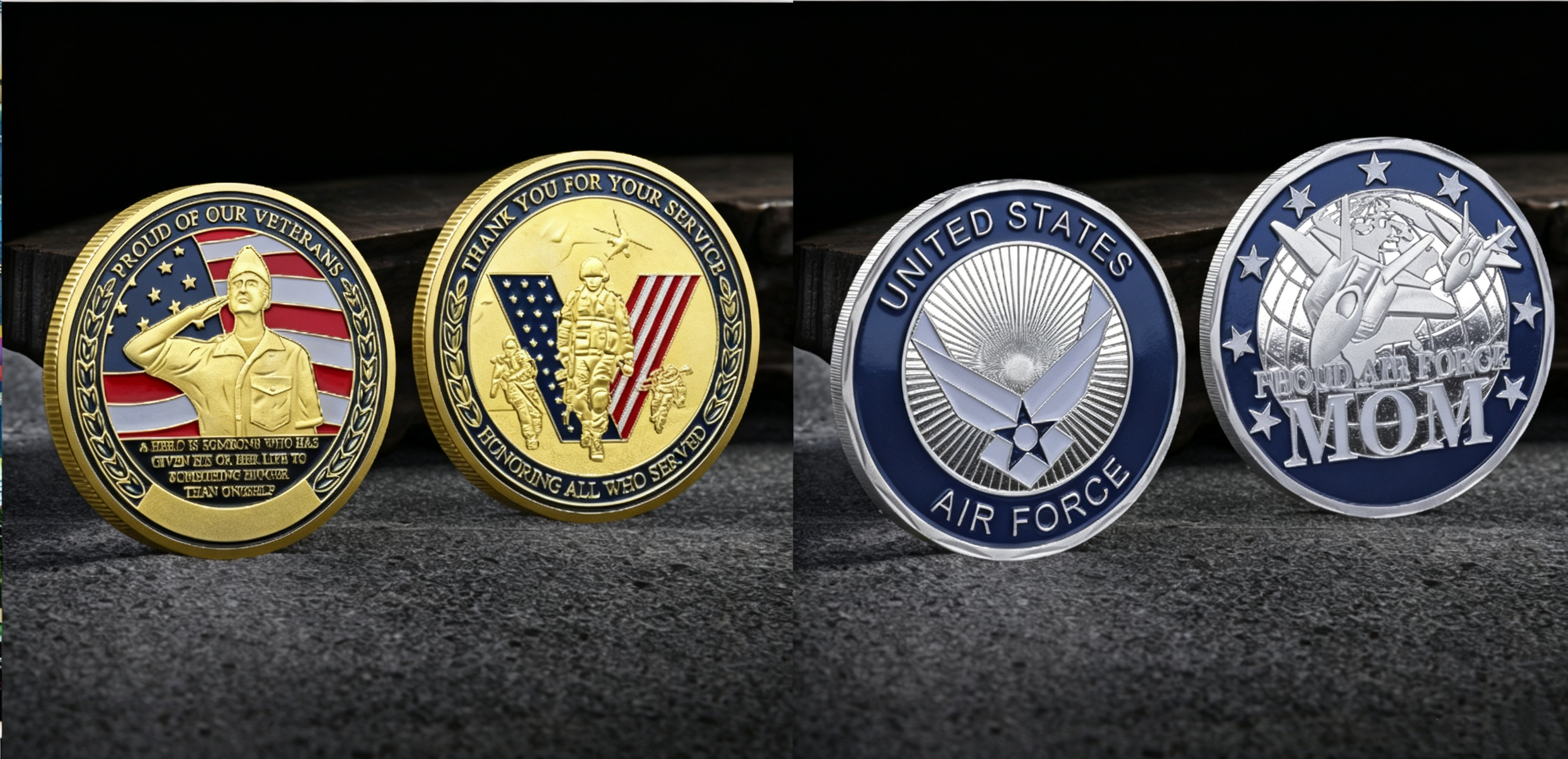 Custom Air Force challenge coins collection including veteran commemorative coins and USAF themed coins
