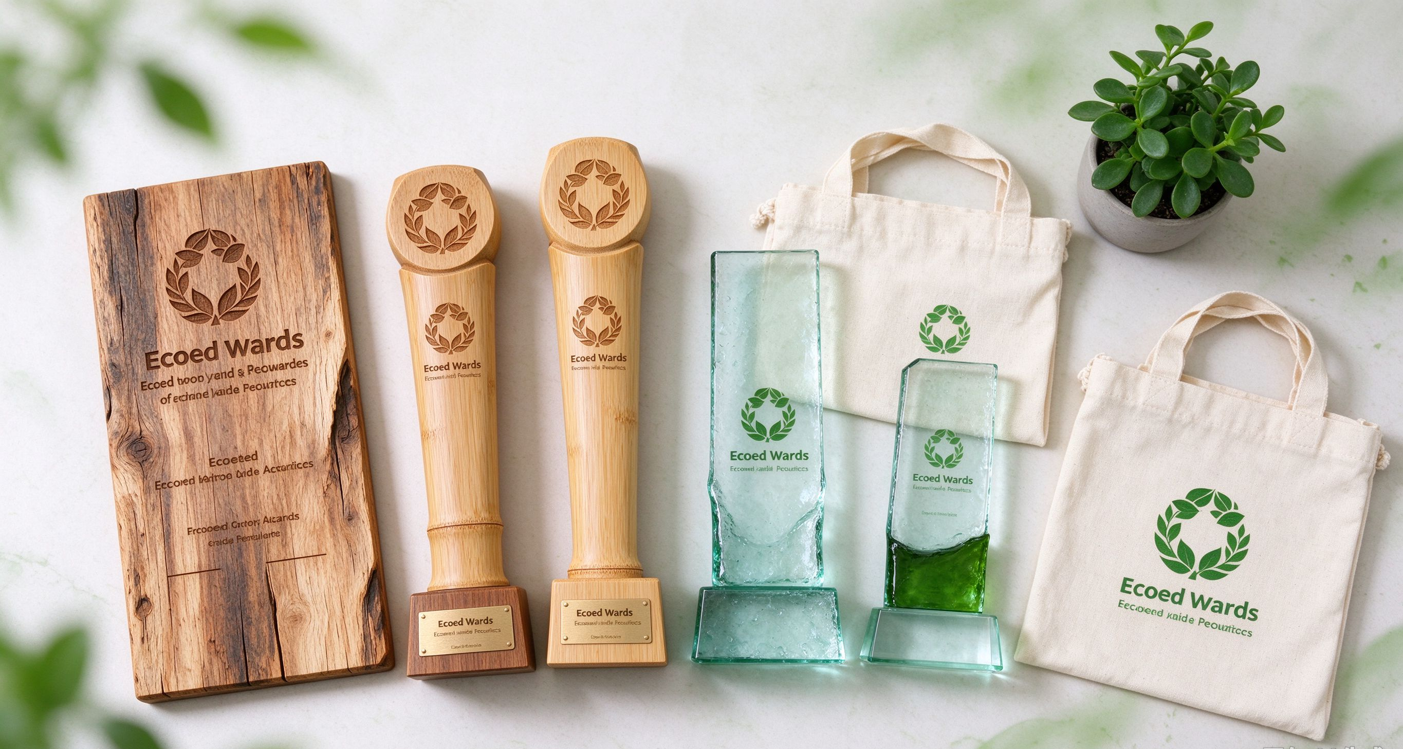 Sustainable awards and green corporate gifts flat lay for ESG programs.jpg.png