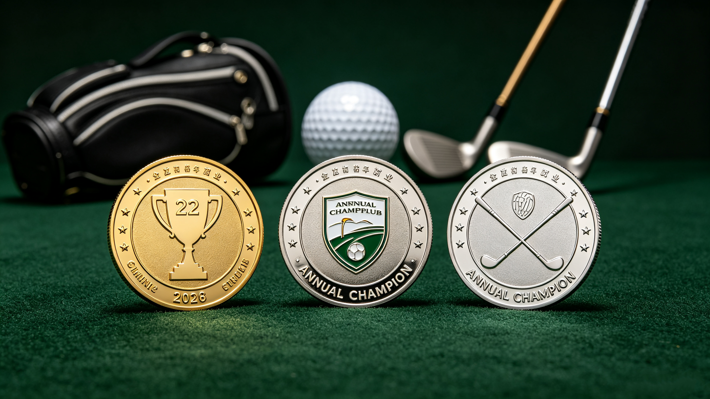 Golf club annual championship coins with club crest, year, and golf club designs for tournament awards