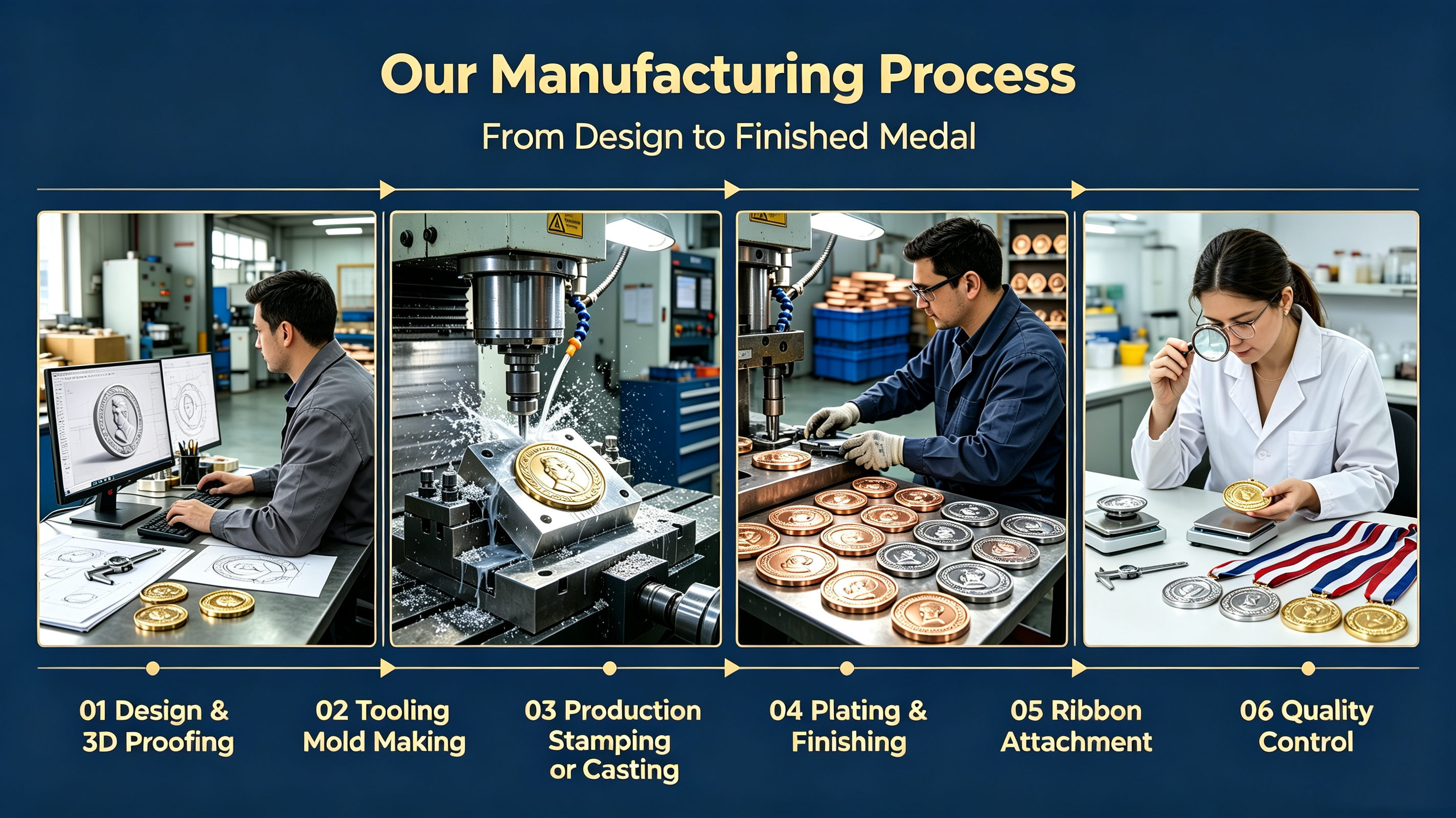 Our manufacturing process for custom police and firefighter medals from design and tooling to production, plating, and quality control