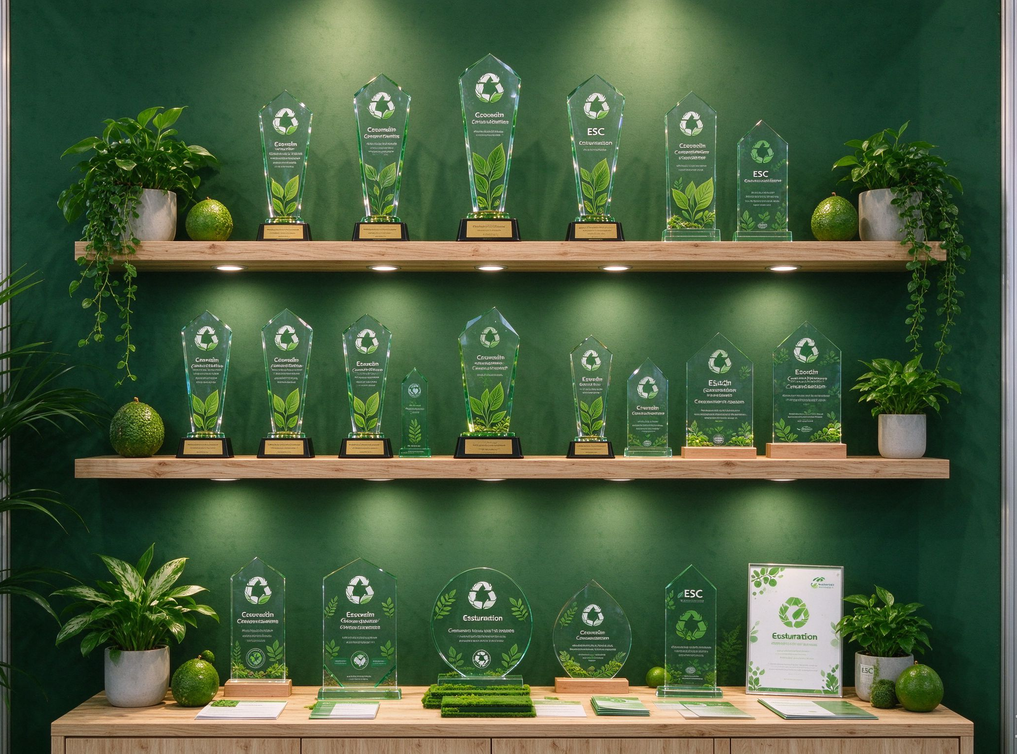 Eco‑friendly trophies display at a green trade show booth for ESG‑minded organizations.jpg.png