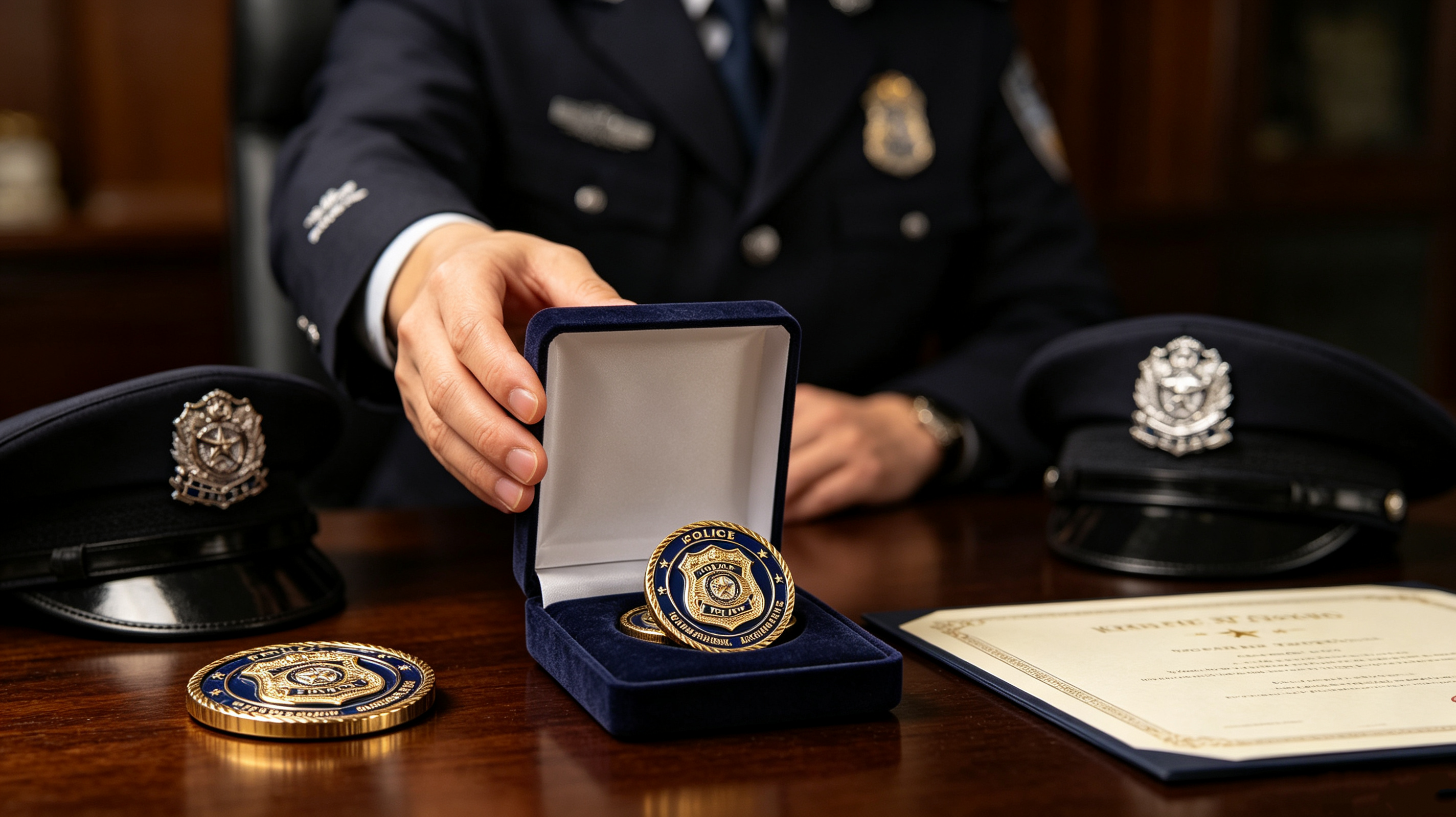 Custom law enforcement coins presented during police retirement and promotion ceremony with velvet gift box