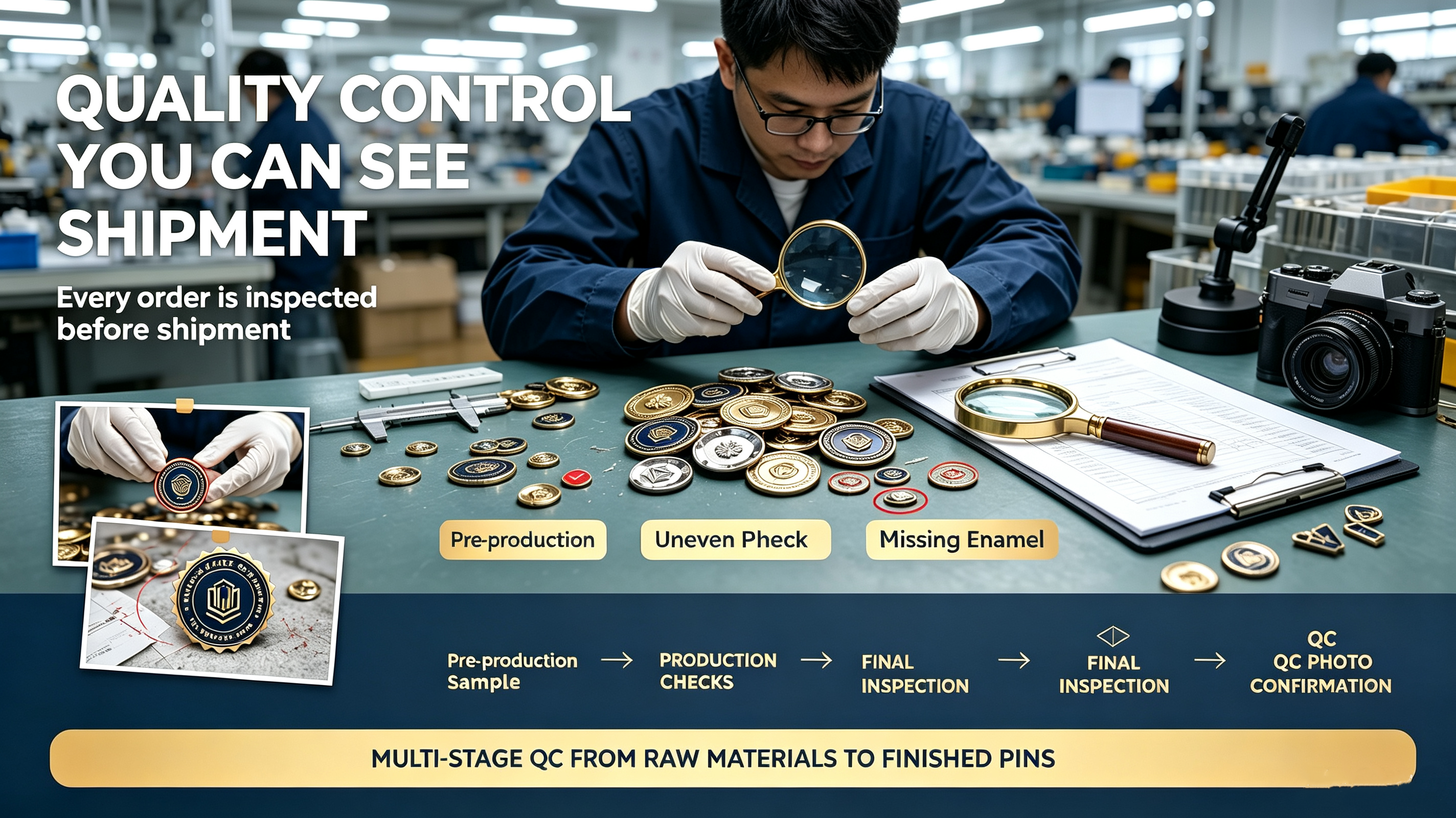 Quality control inspection for custom metal gifts by AQ PINS & GIFTS