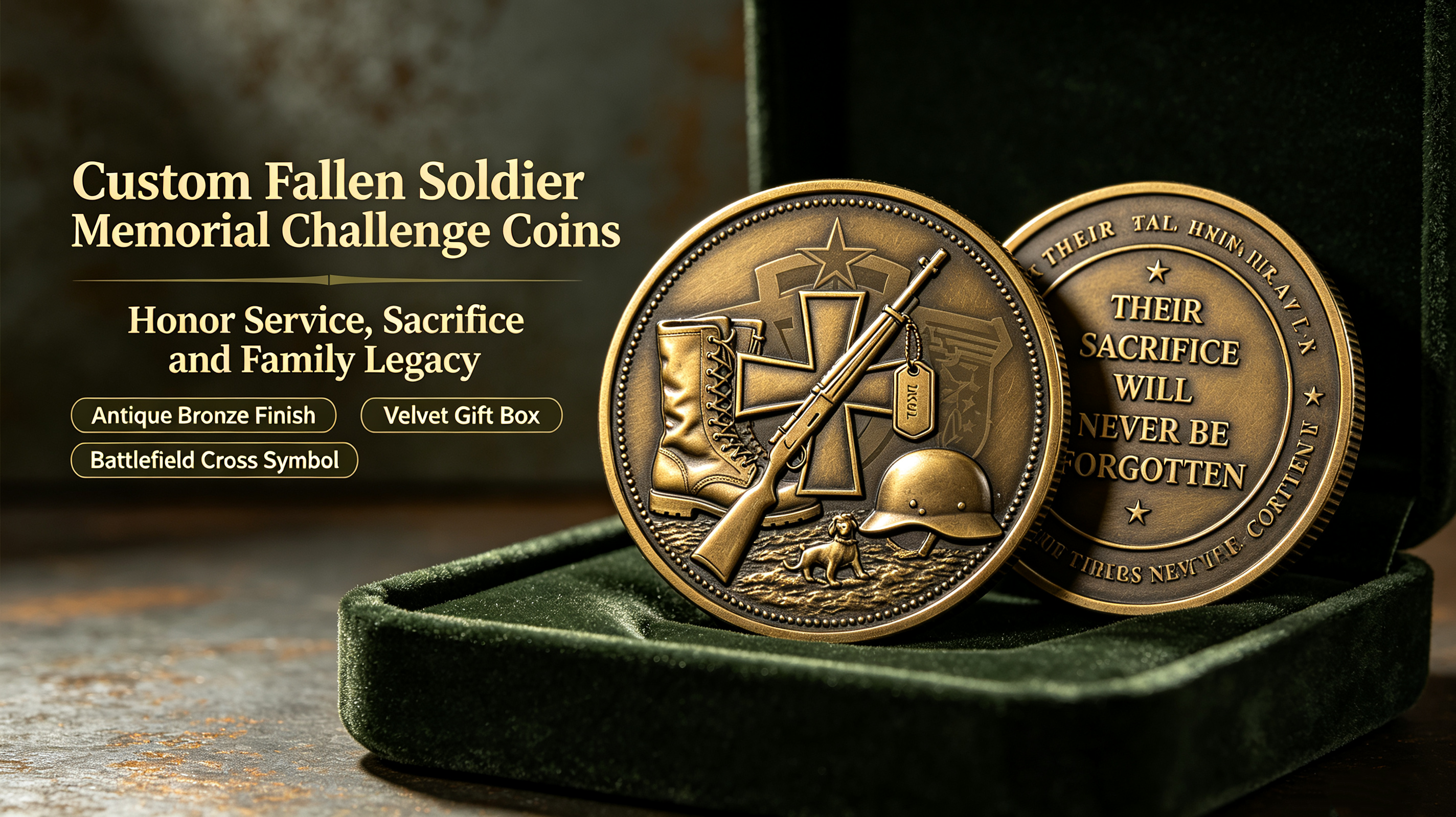 Custom fallen soldier memorial challenge coin with antique bronze finish, battlefield cross, empty boots, reversed rifle, helmet and dog tags