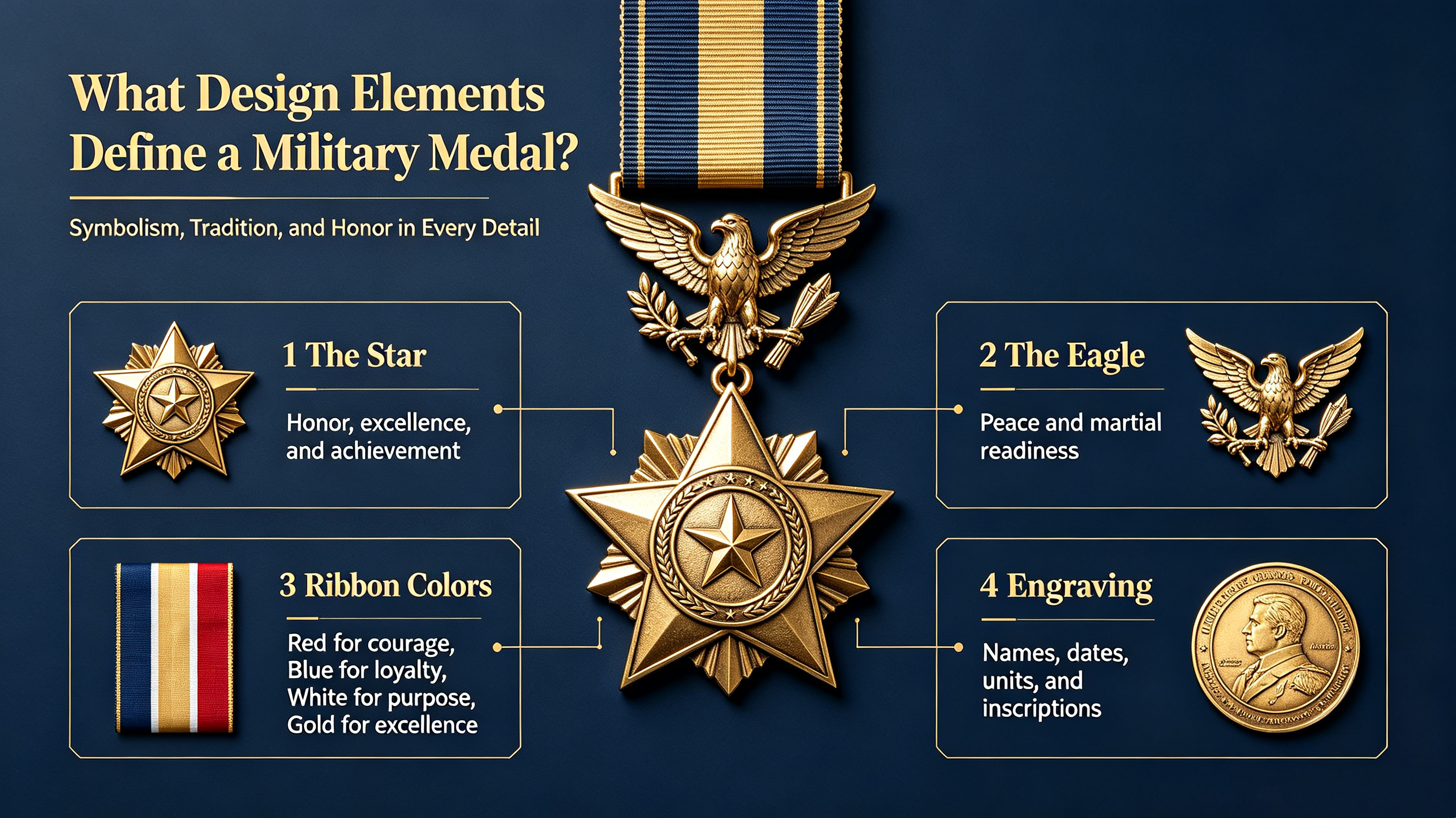 Four key design elements of a military medal featuring star, eagle, ribbon colors, and engraving details