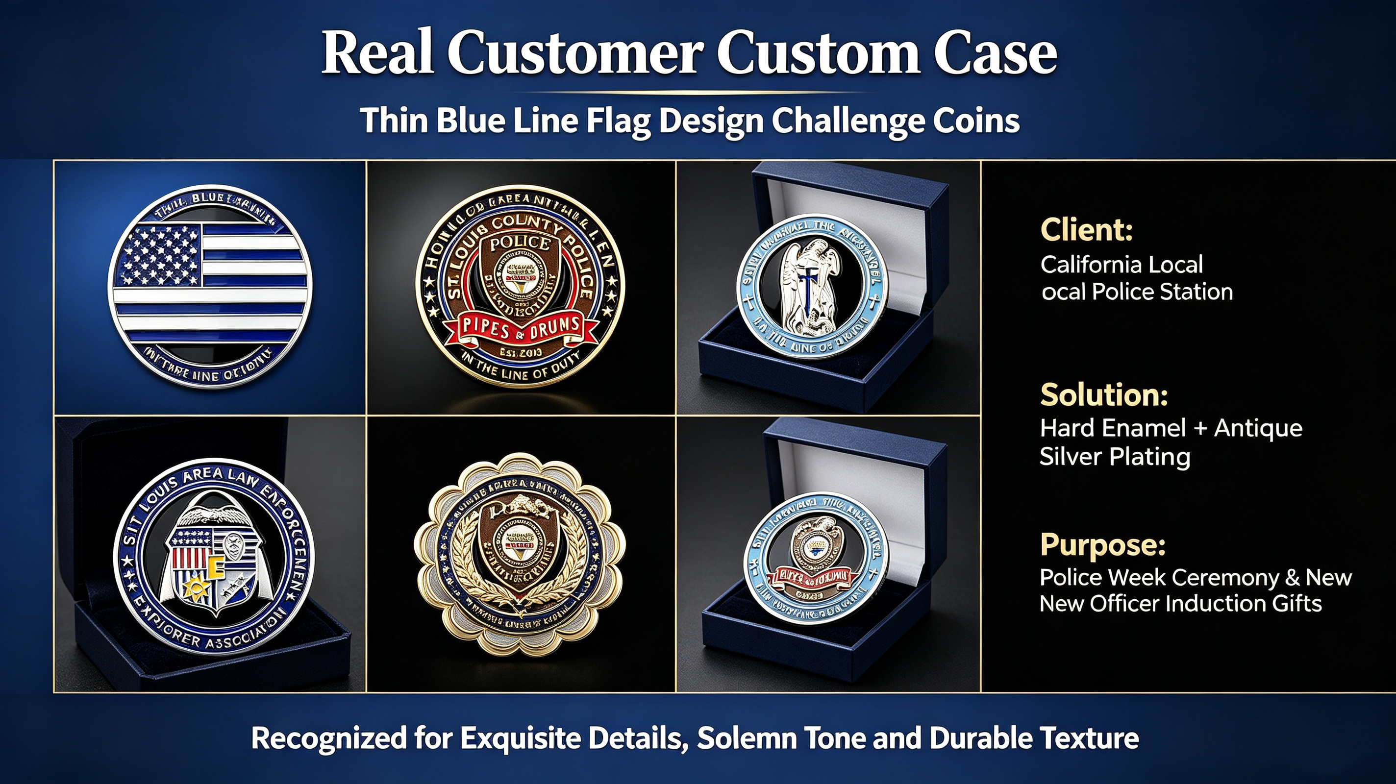 Bulk custom Thin Blue Line challenge coins wholesale for police department memorial gifts