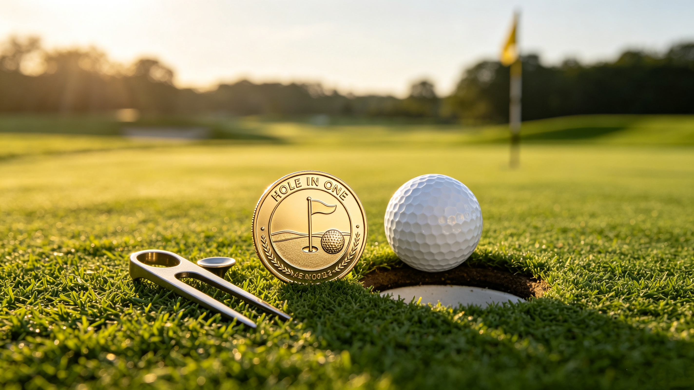 Golf hole in one challenge coins displayed near the green with golf ball, flagstick, and ball marker