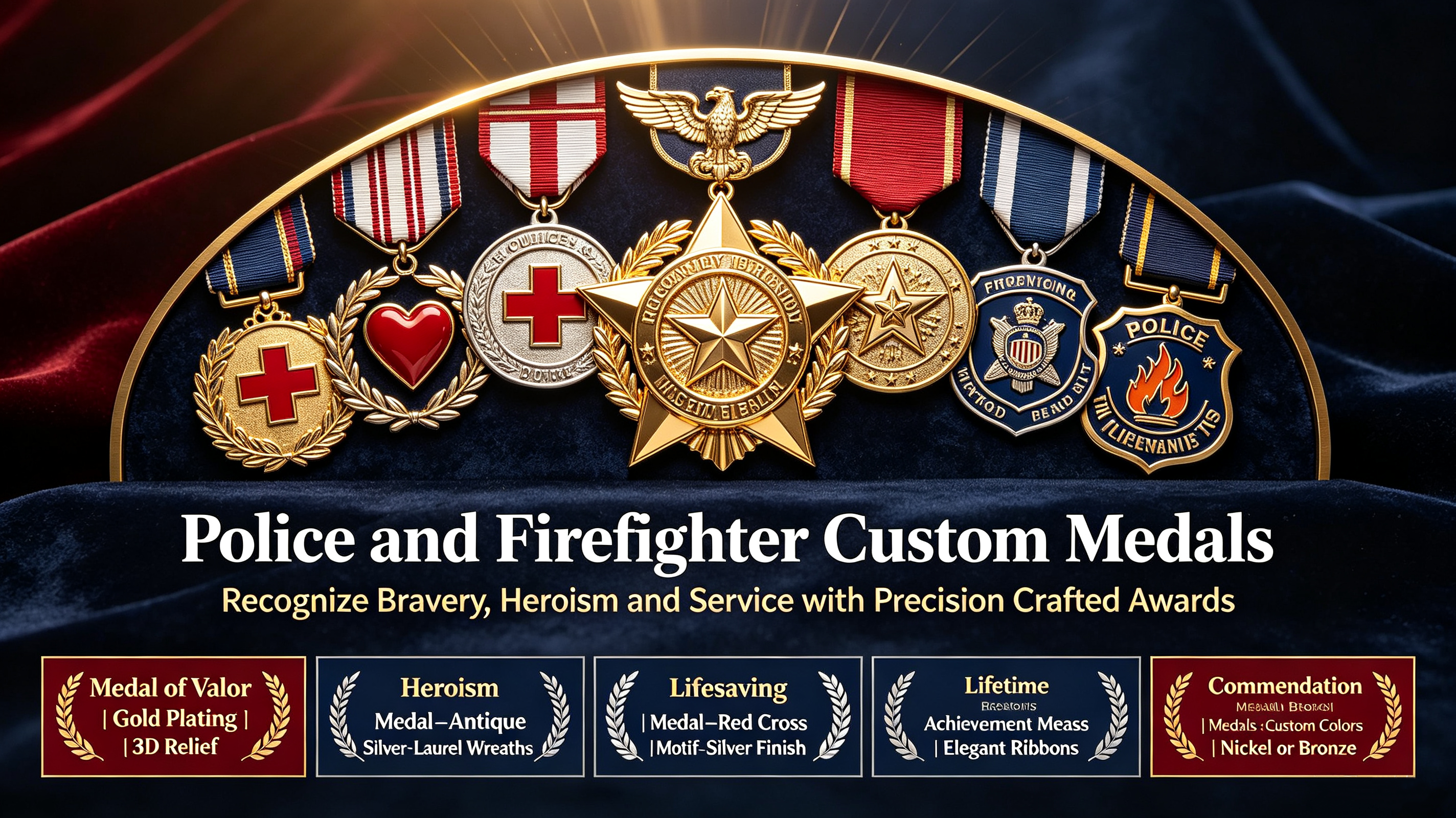 Types of medals we manufacture for police and fire departments including Medal of Valor, Heroism Medal, Lifesaving Medal, Lifetime Achievement Medal, and Commendation Medals