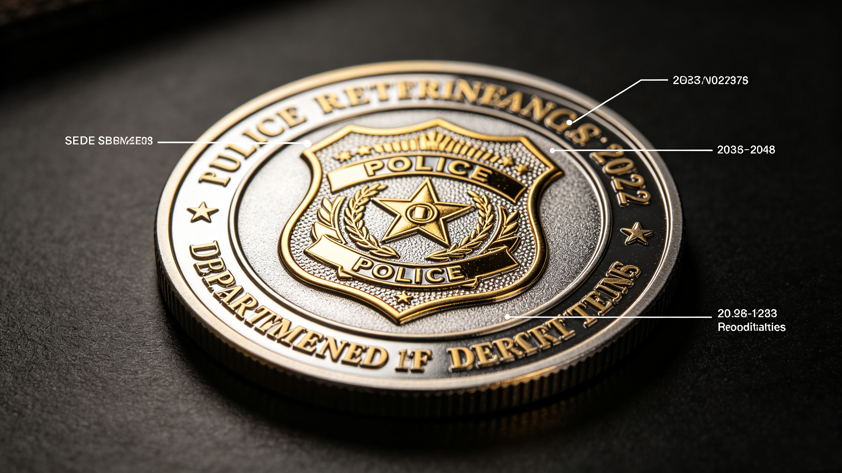 Custom police retirement challenge coins design elements including badge number, service years and motto