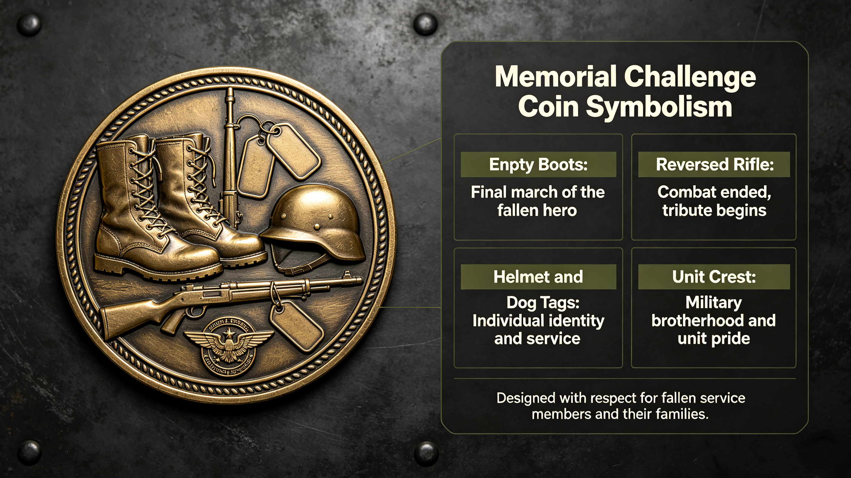 Memorial challenge coin symbolism showing empty boots, reversed rifle, helmet, dog tags and unit crest for fallen soldier tribute