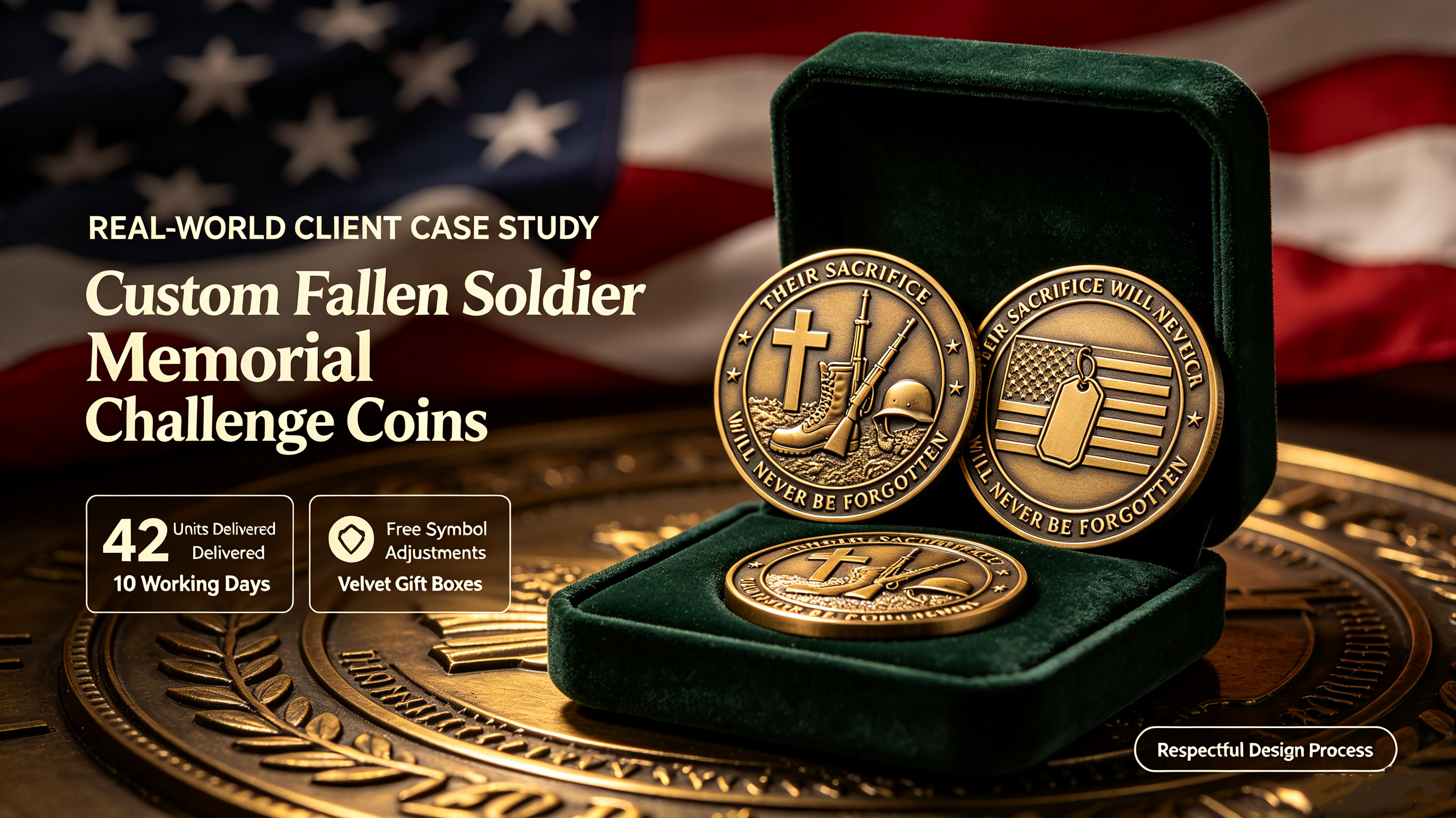 Bulk custom memorial challenge coins with individual velvet gift boxes for military units and fallen soldier family members