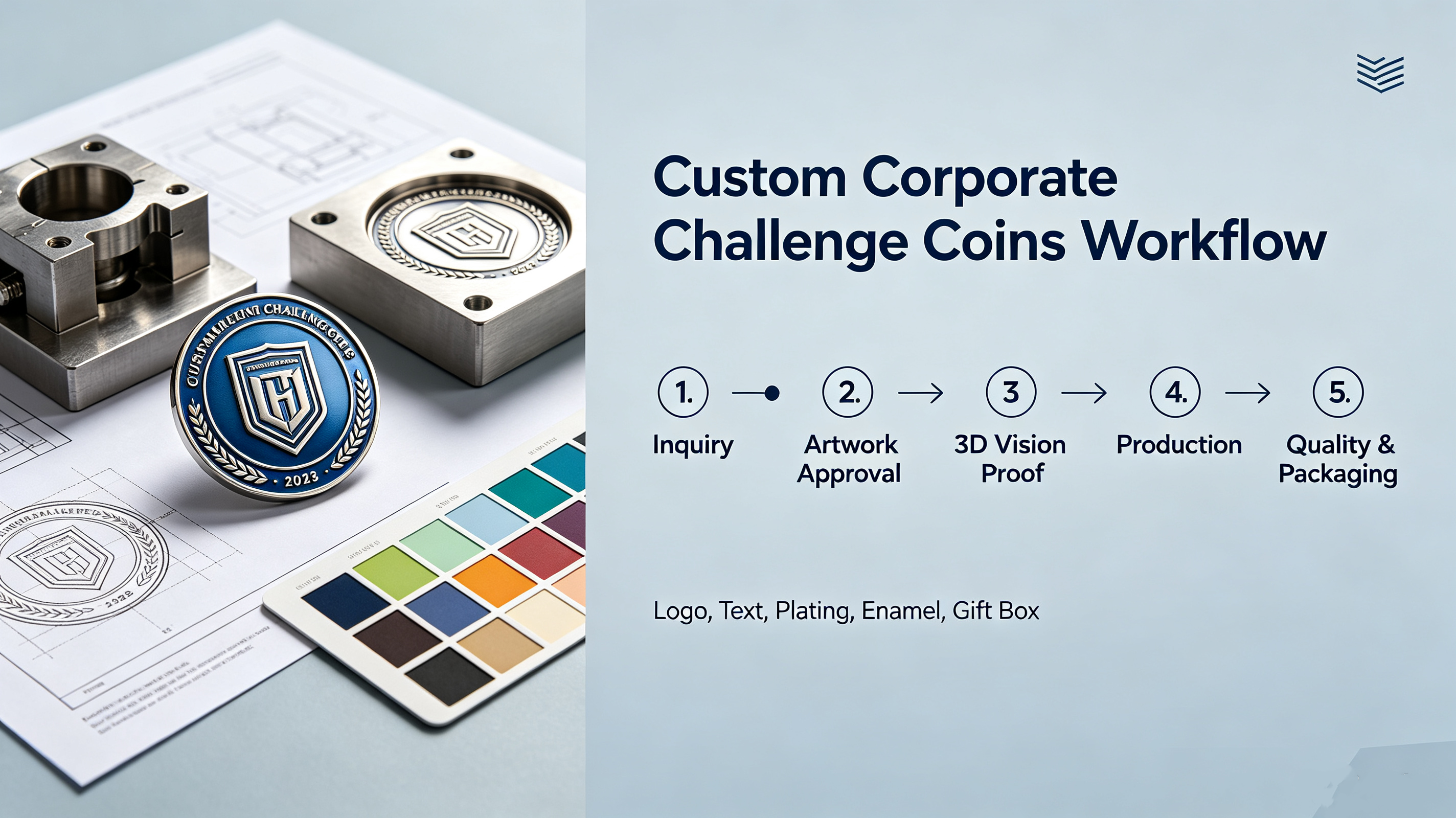 Custom corporate challenge coins workflow: artwork, 3D proof, production, quality inspection and packaging