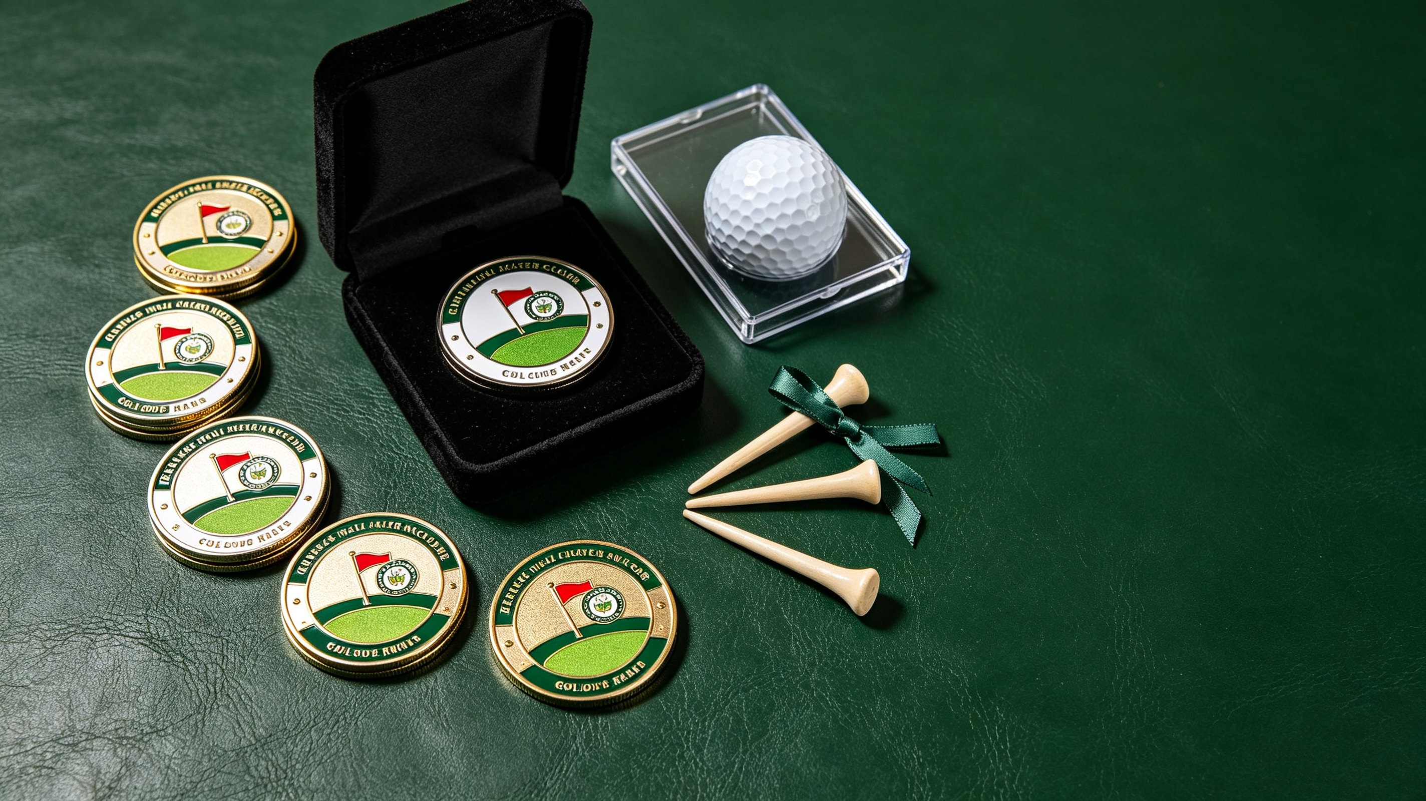 Custom golf player gifts and souvenir coins with green flag design, packaged in velvet boxes and acrylic cases
