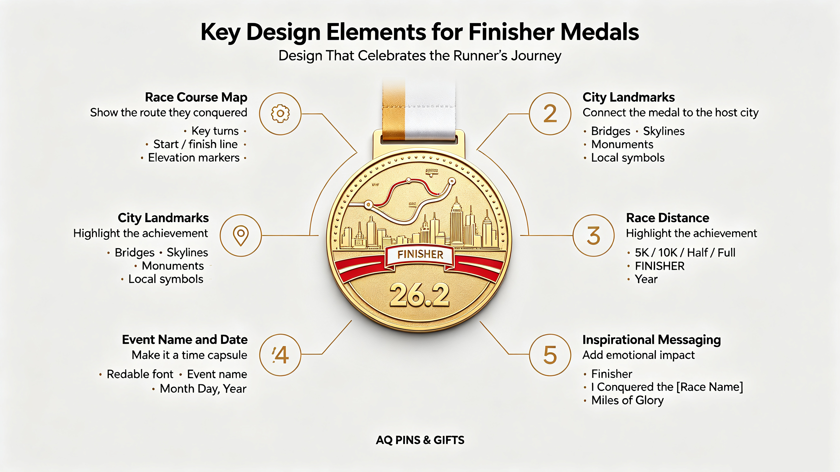 Race medal design guide showing course map city landmarks and 3D relief elements by AQ PINS & GIFTS