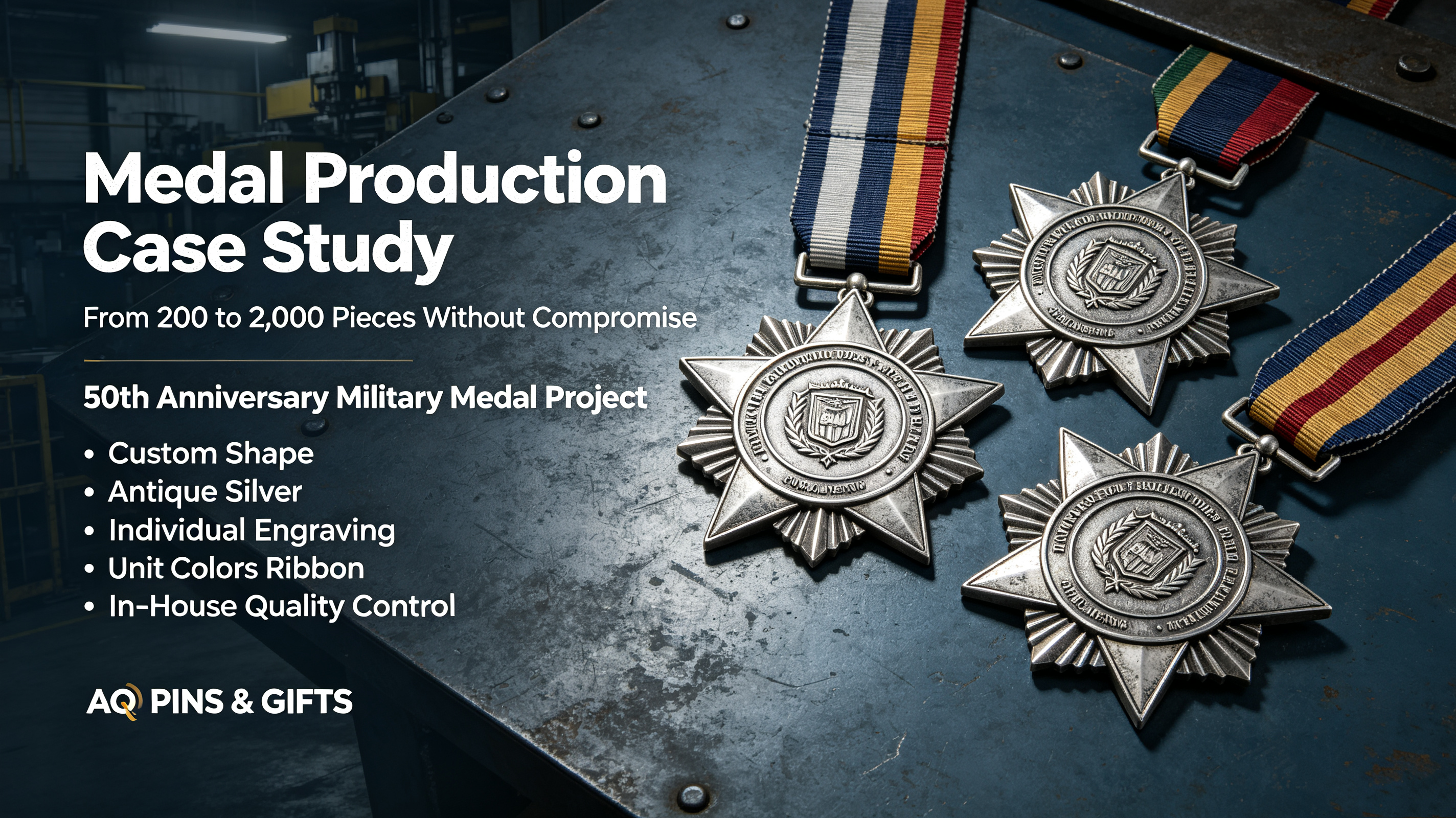50th anniversary military medal project featuring unit insignia, star design, and antique silver finish