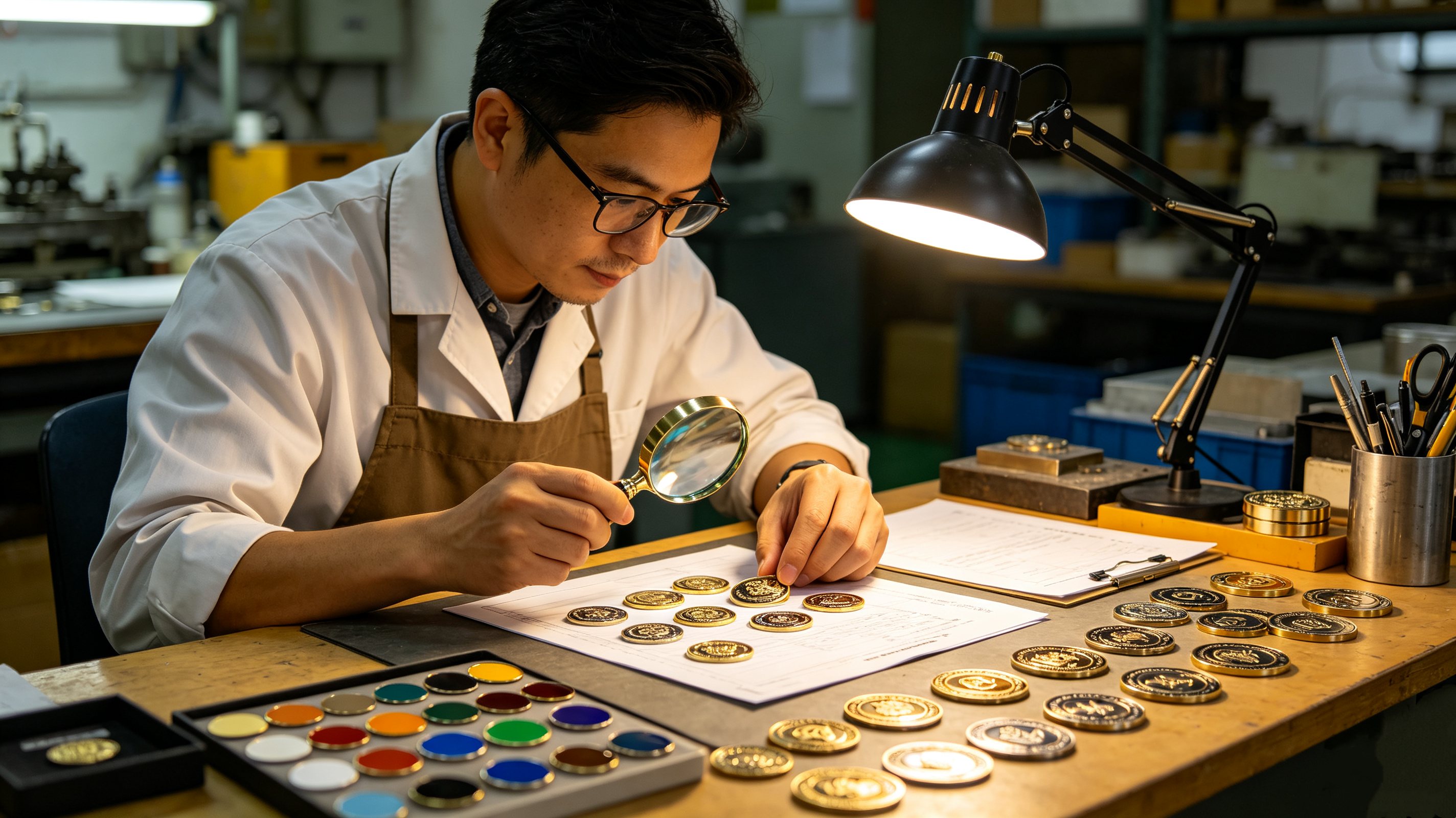 Custom metal gift manufacturer inspecting challenge coins for bulk trade show orders