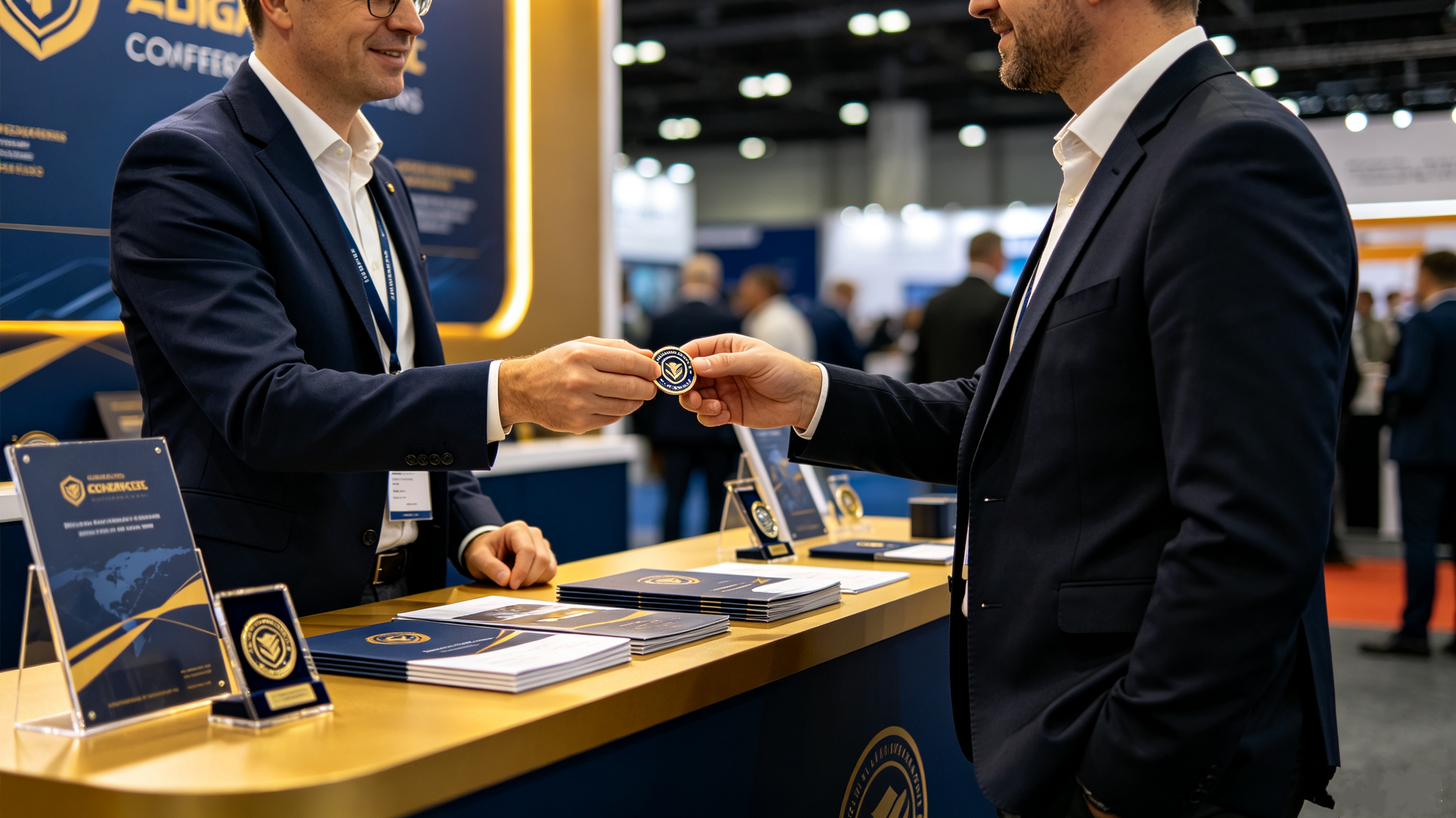 Booth visitor receiving custom logo challenge coins at a trade show exhibition
