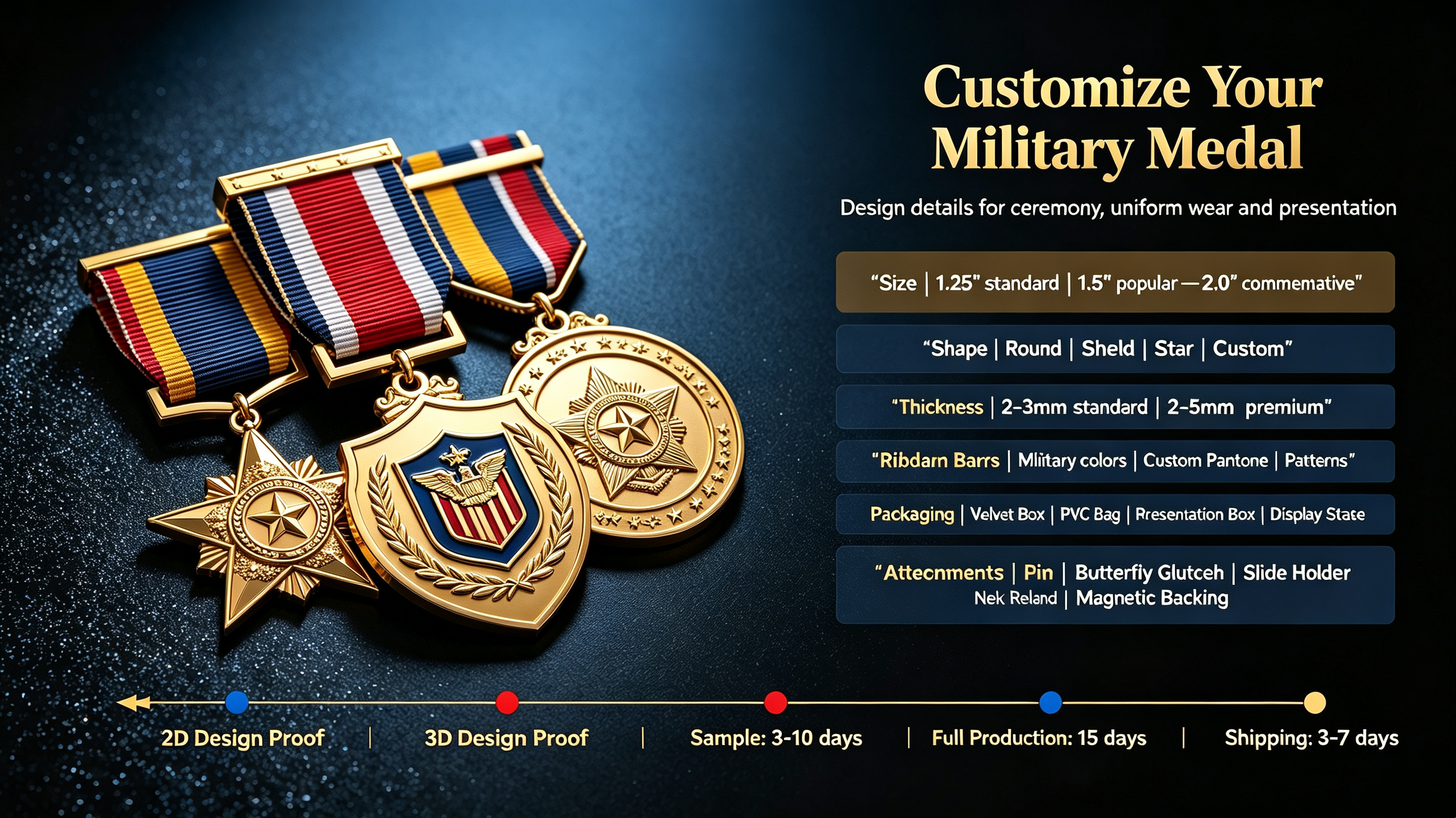 Customization options for military medals including size, shape, thickness, ribbon bars, packaging, and pin backings