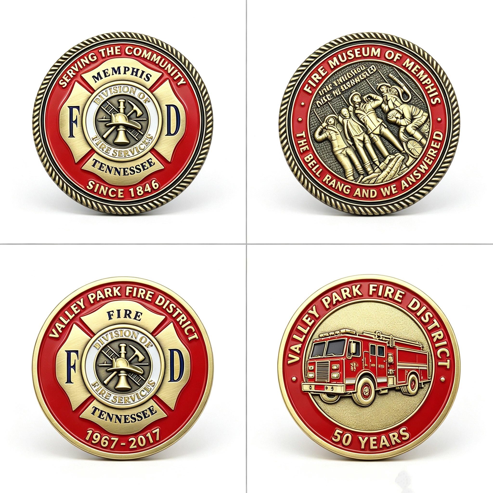 Firefighter memorial challenge coins with axe and ladder symbols for fallen hero tribute and team customization