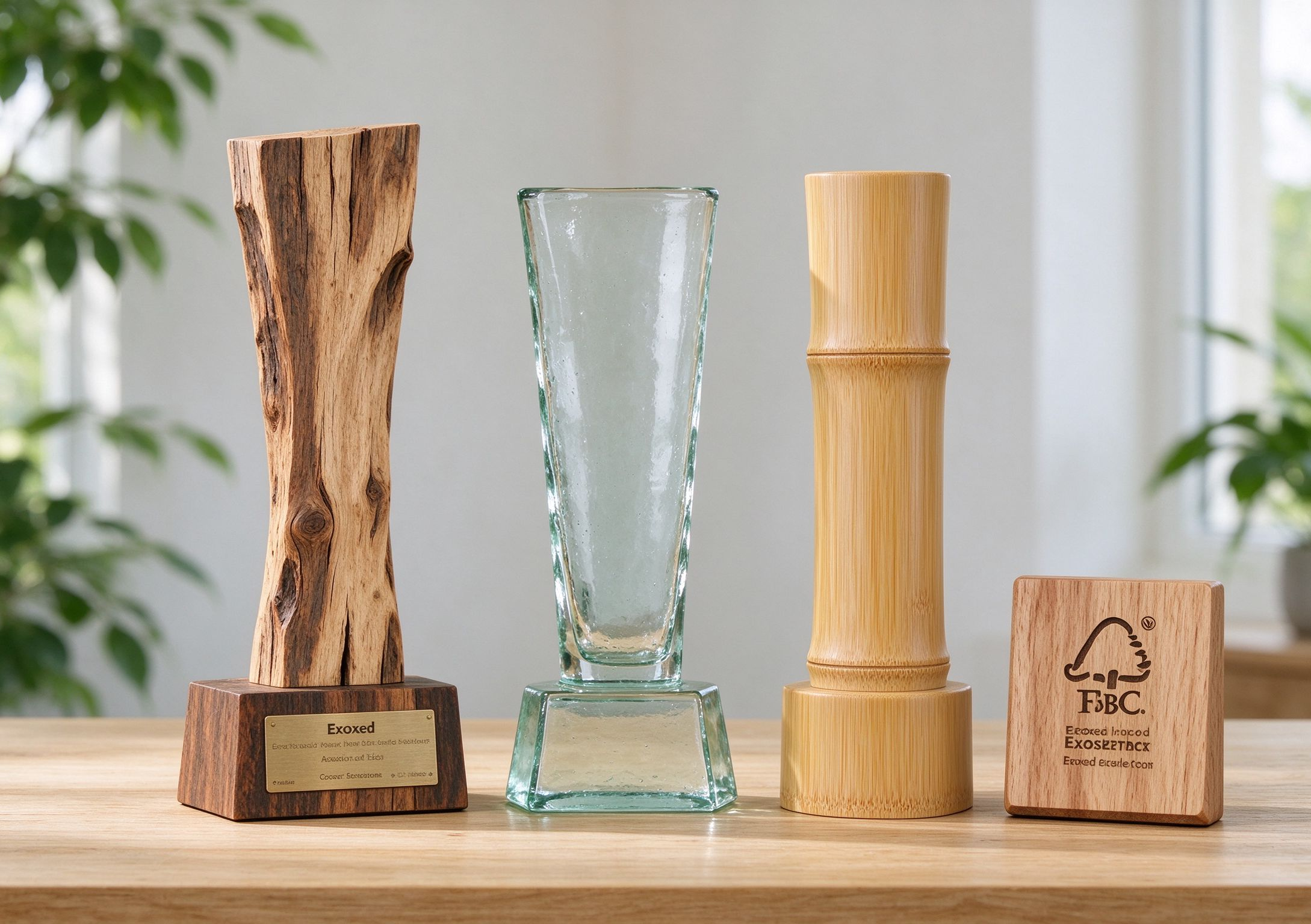Eco‑friendly trophies collection made from recycled wood, recycled glass and bamboo.jpg.png